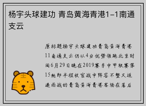 杨宇头球建功 青岛黄海青港1-1南通支云