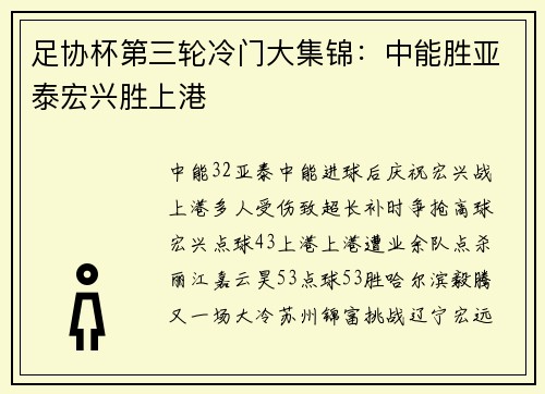 足协杯第三轮冷门大集锦：中能胜亚泰宏兴胜上港